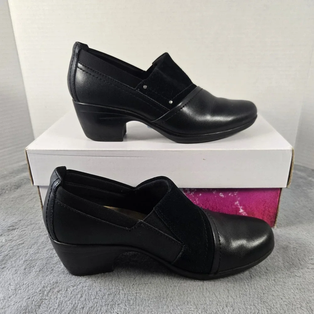 Clarks Collection Adriel Viola Black Leather Suede Block Heel Pumps 6.5 M